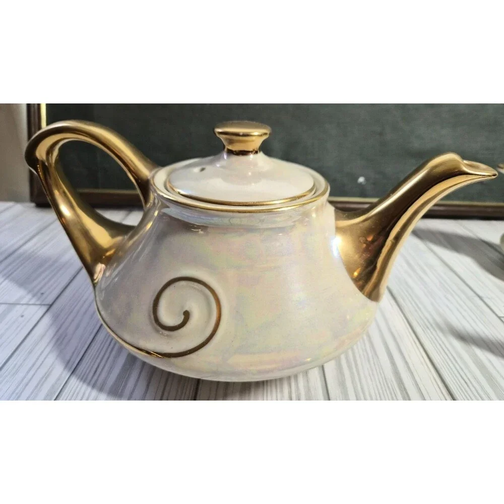 Vintage White & Gold Ceramic Porcelain Tea Set Teapot Creamer Sugar Bowl 3 Pc